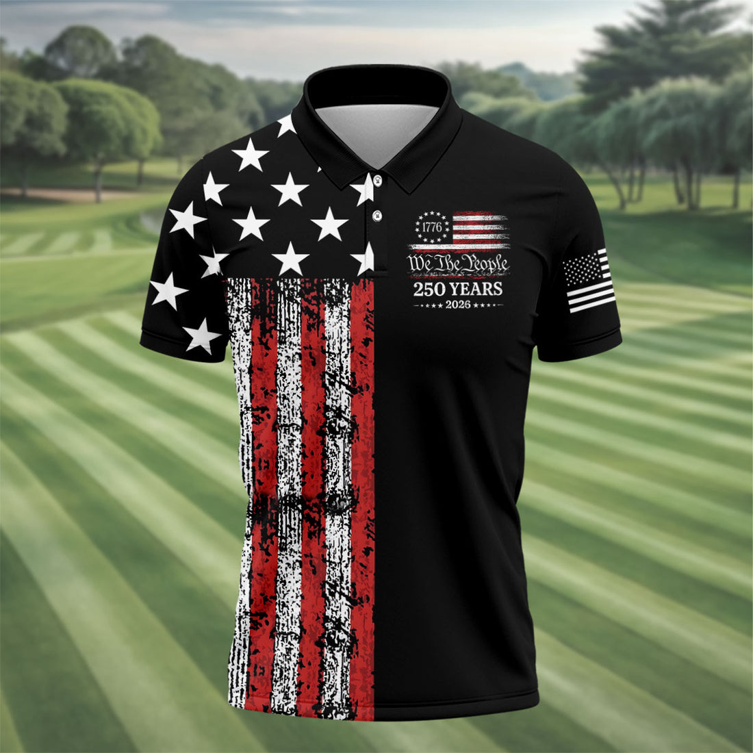 We The People 250 Years Distressed Black Golf Shirt, Golf Tops For Men, 4th Of July Patriotic Golf Shirts For Men