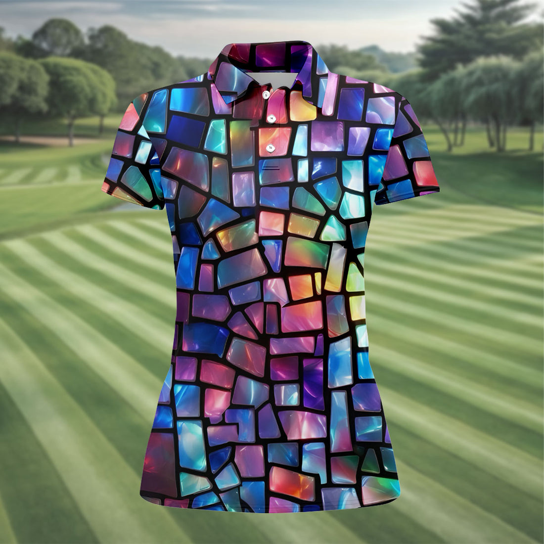 Colorful Stained Glass Mosaic Pattern Golf Shirt, Ladies Golf Shirts, Women’s Golf Apparel, Performance Golf Shirt