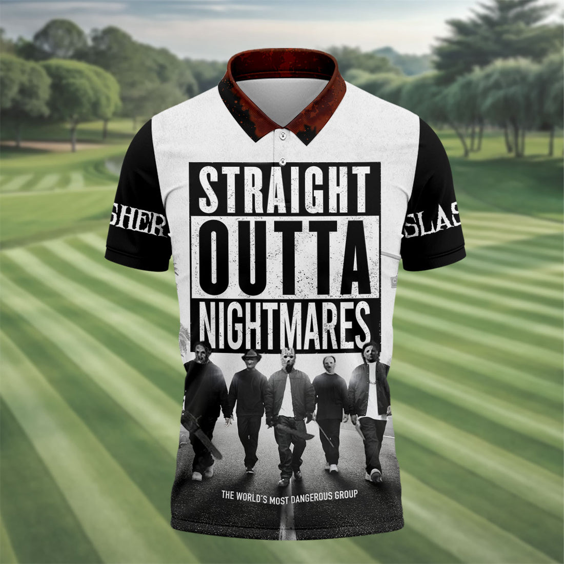 Straight Outta Nightmares Horror Character Halloween Shirt, Mens Golf Shirts, Hawaiian Golf Shirt