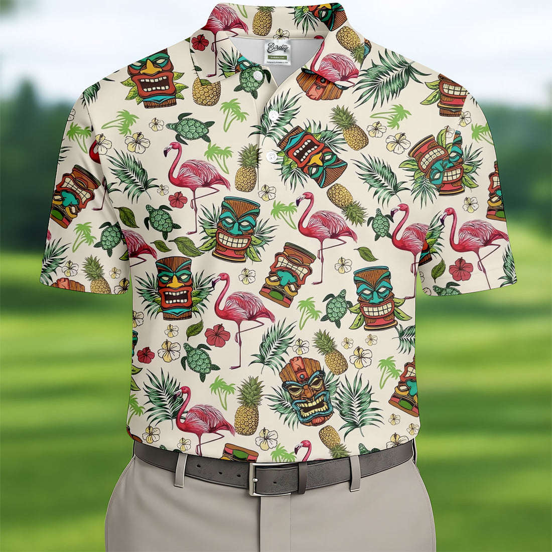 Tiki Masks, Flamingo and Island Paradise Pattern Design Hawaiian Golf Polo, Golf Tops For Men, Golfing Apparel