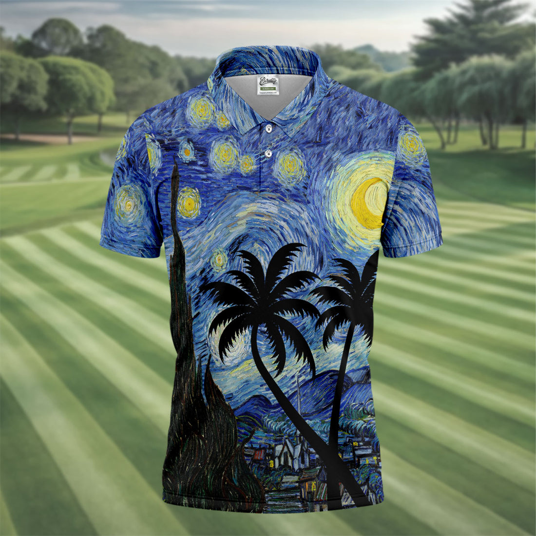 Van Gogh Starry Night Tropical Palm Tree Golf Shirt, Mens Golf Polo, Printed Golf Shirts