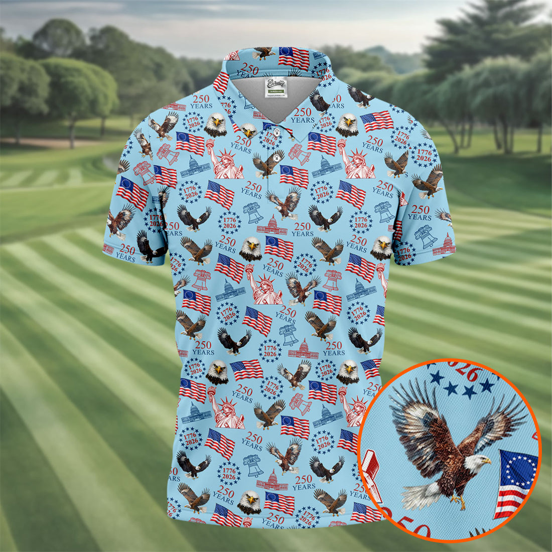 250 Years American Symbol Patriotic Pattern Blue Golf Shirt, 4th Of July Golf Shirt, Golf Shirts For Men