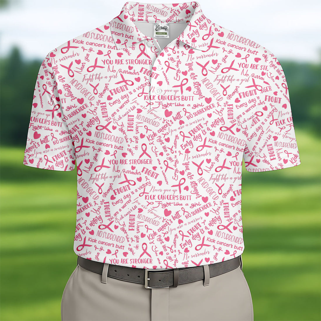 Never Give Up Breast Cancer Quote Polo Shirt, Men's Golf Shirt, Mens Golf Apparel
