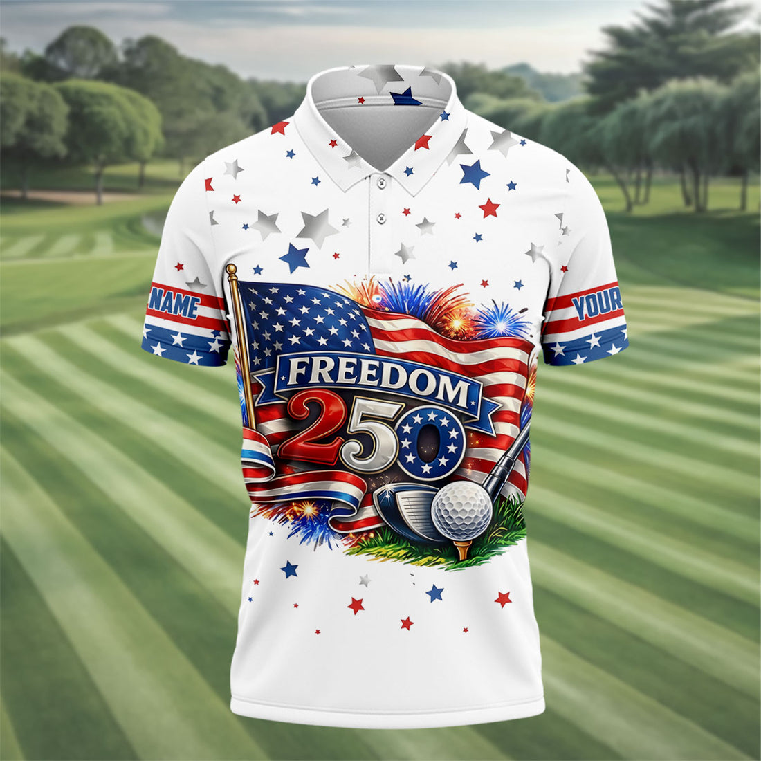 Freedom 250 Independence Celebration American Flag Golf Shirt, Patriotic 4th Of July Golf Shirts For Men