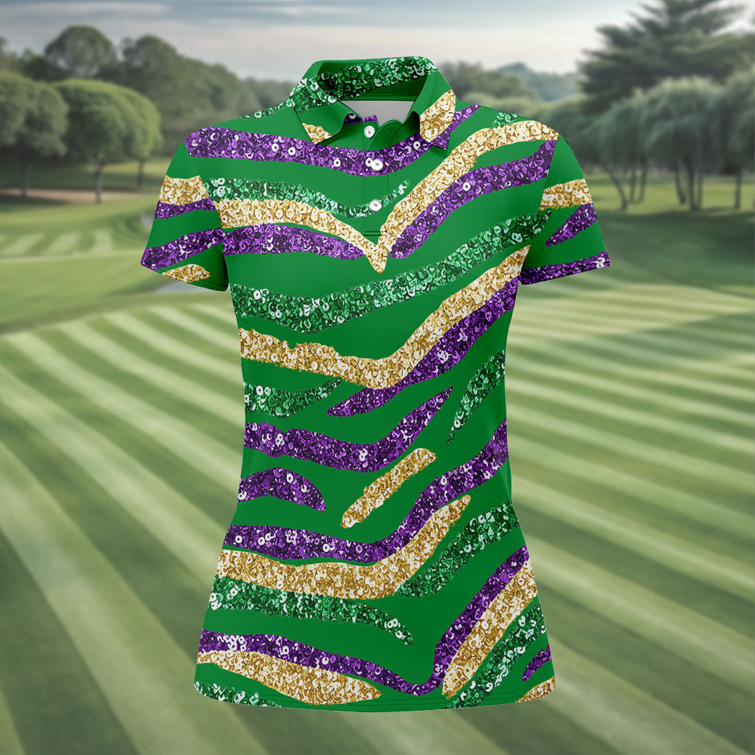 Purple Green Gold Sequin Pattern Green Golf Shirt, Mardi Gras Golf Shirt, Women's Golf Tops, Ladies Golf Shirts