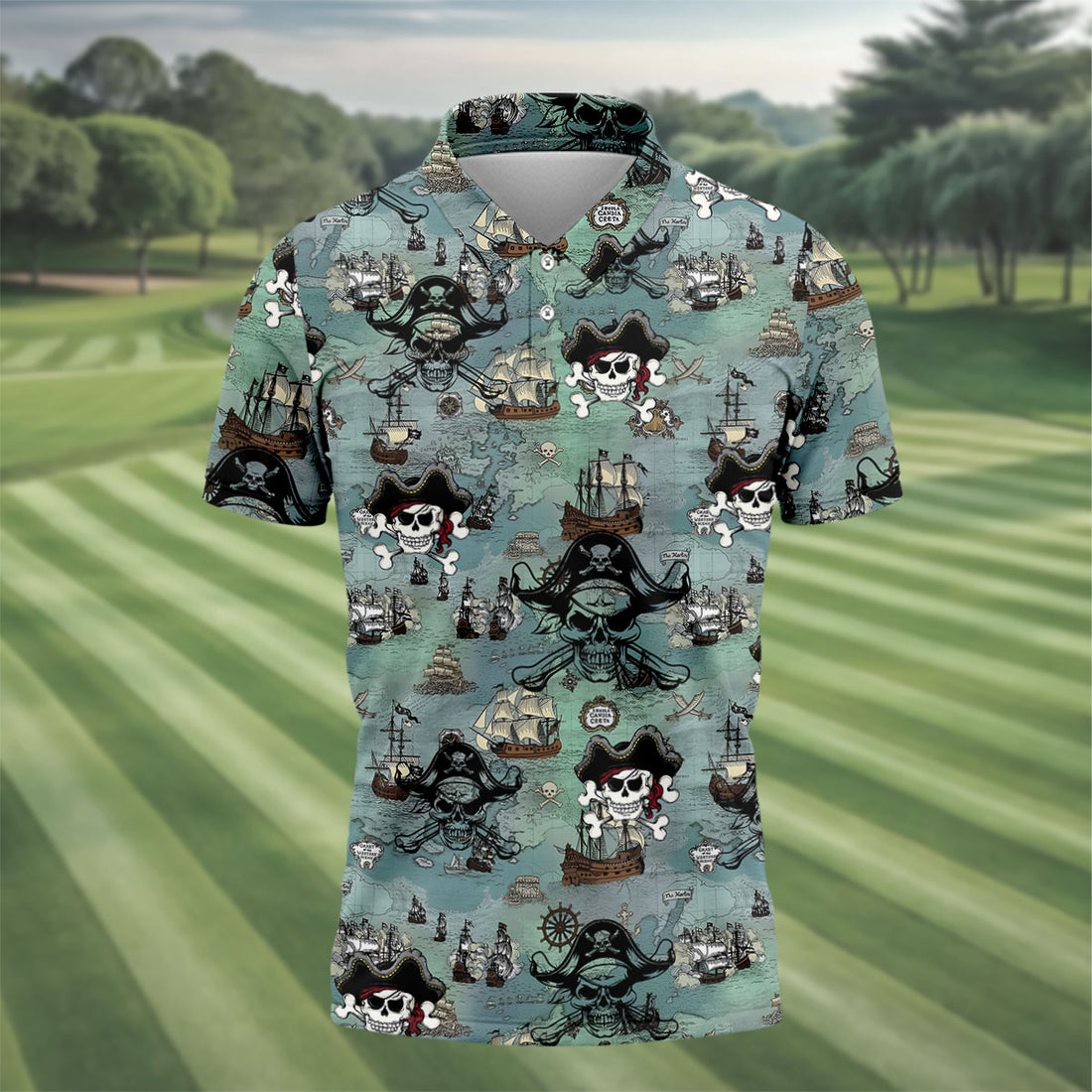 Pirate Captain Skulls, Kraken Tentacle Design Design Hawaiian Golf Polo, Golf Tops For Men, Golfing Apparel