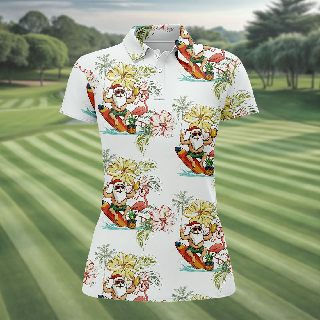 Surfing Santa Hawaiian Golf Shirt, Fun Women's Golf Shirts, Christmas Golf Shirt, Golf Gifts For Women
