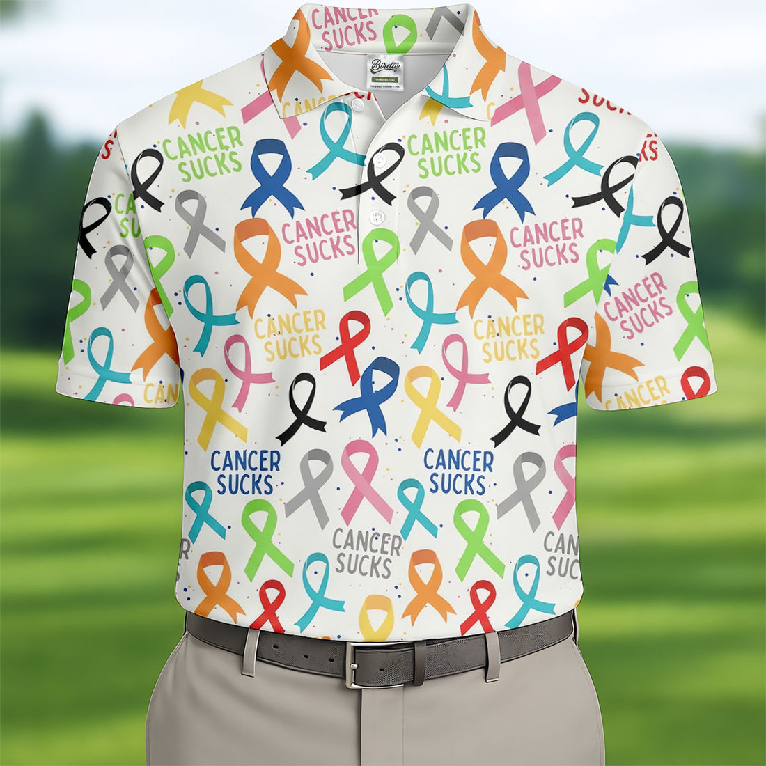 Cancer Sucks Multicolor Awareness Ribbon Polo Shirt, Mens Golf Polo, Printed Golf Shirts