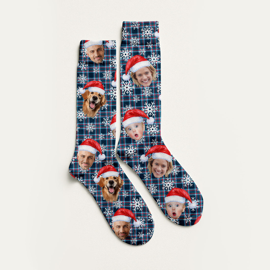 Custom Face Red And Blue Plaid Snowflakes Print Golf Socks, Christmas Golf Gift, Custom Golf Accessories