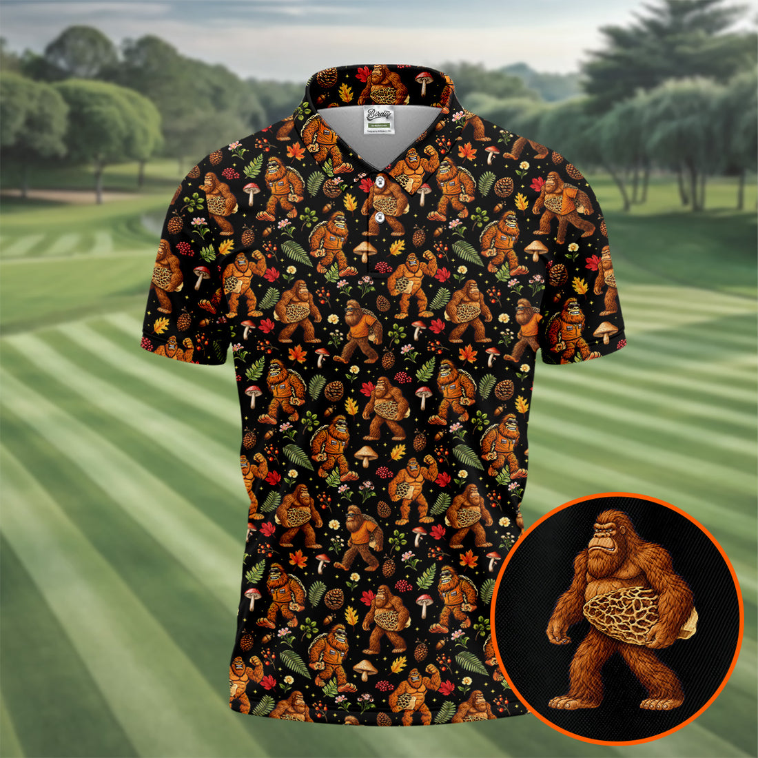Autumn Bigfoot Forest Pattern Polo Shirt, Mens Golf Apparel, Hawaiian Golf Shirt, Printed Golf Shirts