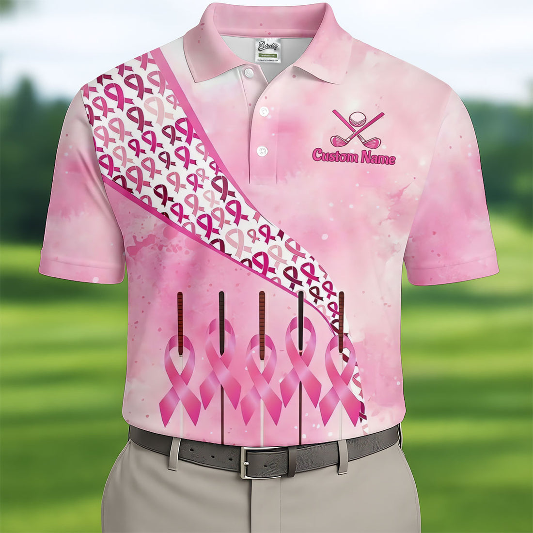 Custom Golf Club Breast Cancer Ribbon Polo Shirt, Mens Golf Shirts, Polo Shirts For Men
