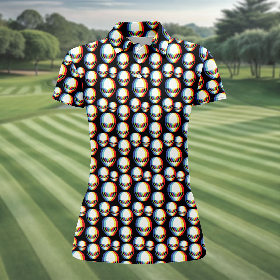 Retro Alien Head Pattern Golf Shirt, Women's Golf Tops, Ladies Golf Tops