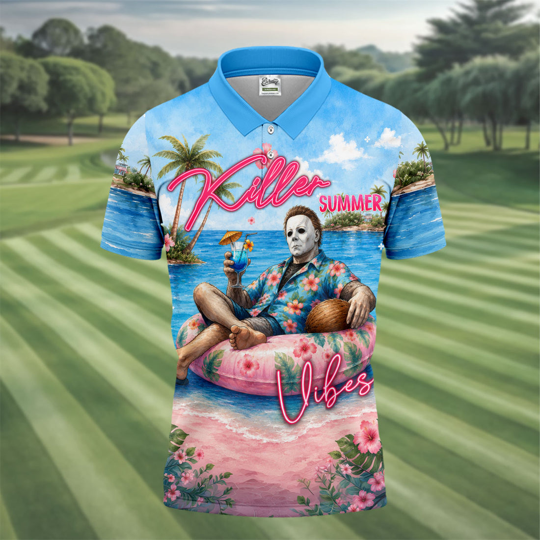 Killer Summer Vibes Tropical Slasher Golf Polo Shirt, Horror Character Men's Golf Shirt, Mens Golf Polo