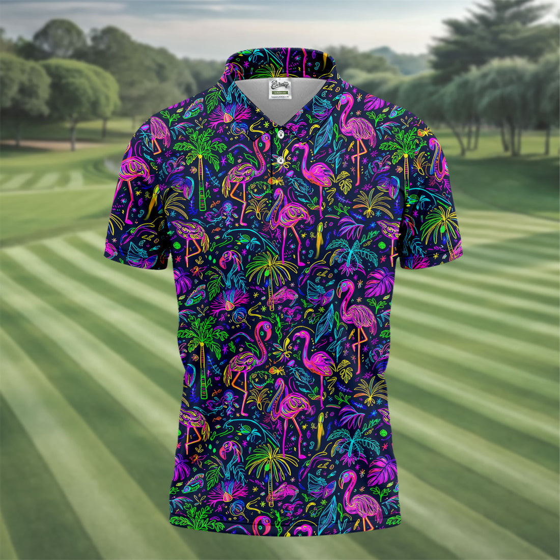 Neon Flamingo Tropical Golf Shirt, Men’s Golf Shirt, Hawaiian Golf Shirt, Golf Shirts For Men
