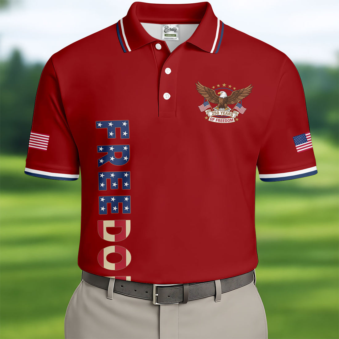 250 Years Of Freedom US Flag Logo Red Golf Shirt, Patriotic 4th Of July Golf Shirts For Men