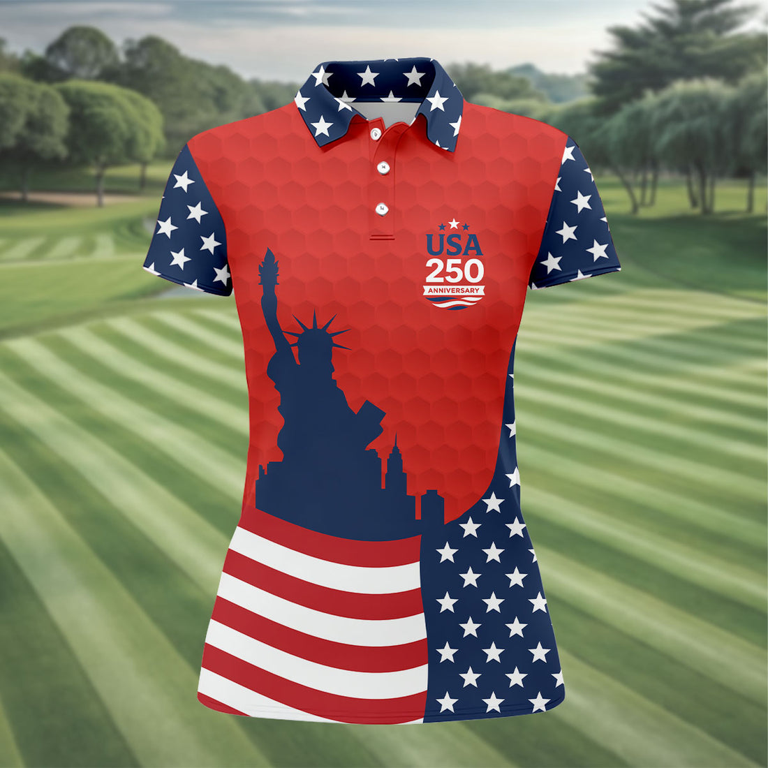 USA 250 Anniversary Statue Of Liberty Red Golf Shirt, Patriotic Golf Shirt, 4th Of July Women's Golf Tops