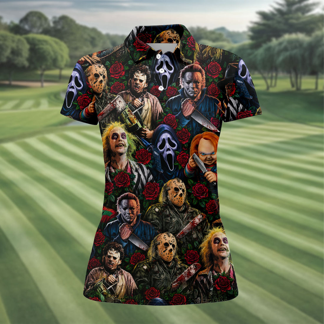 Classic Horror Characters The Red Rose Hawaiian Golf Shirt, Women's Golf Tops, Ladies Golf Shirts