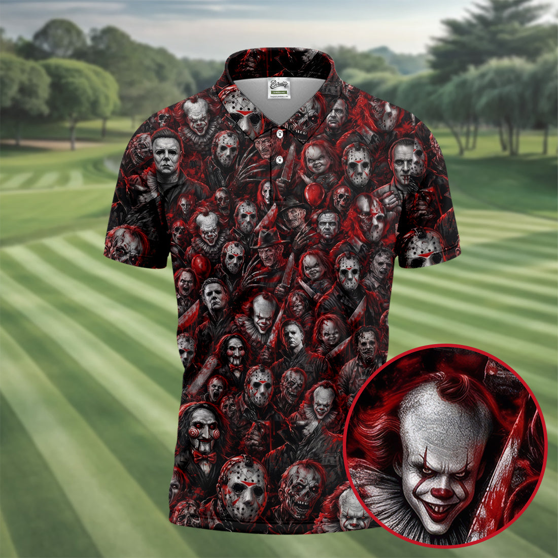 Red Horror Character Clown Collage Halloween Polo Shirt, Mens Golf Polo, Printed Golf Shirts