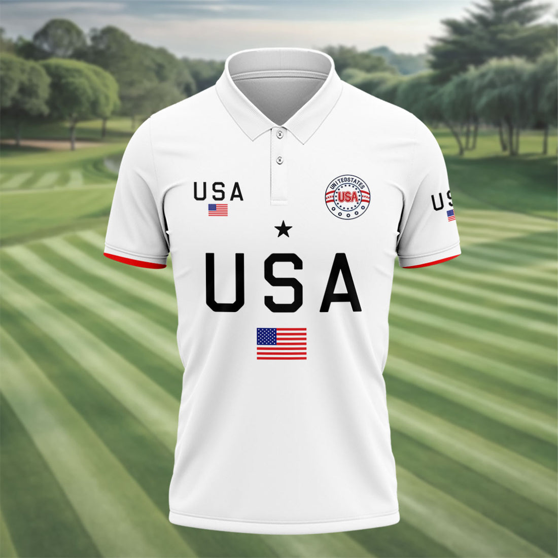 USA Flag Print 250 Years Anniversary 1776-2026 White Golf Shirt, 4th Of July Men's Patriotic Shirt