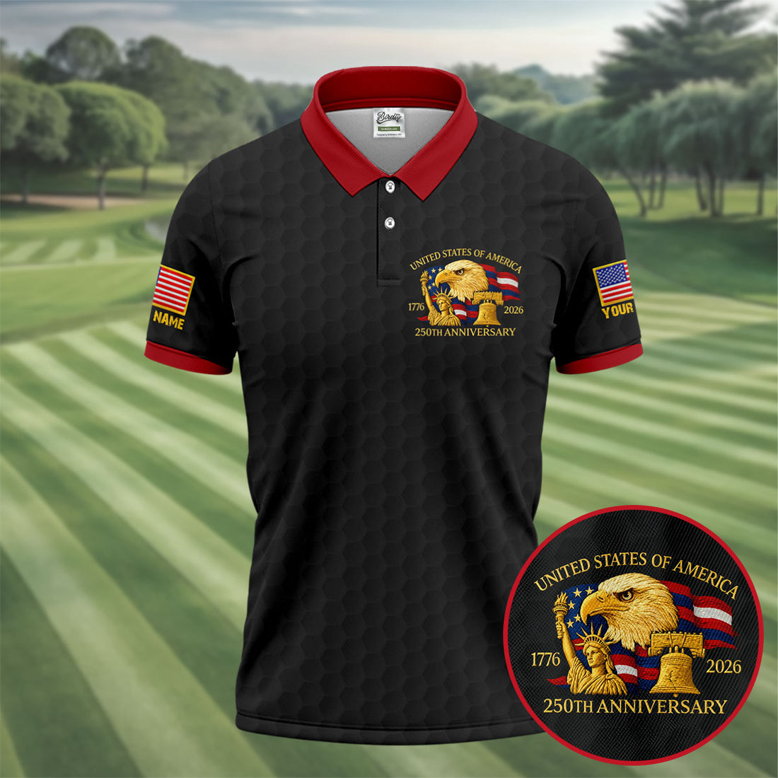 United States 250th Anniversary Patriotic Eagle Black Custom Golf Shirts, 4th Of July Golf Shirts For Men