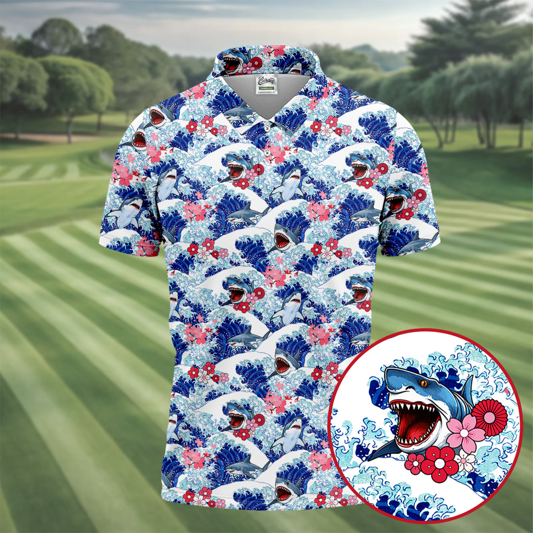 Japanese Shark Wave Sakura Golf Shirt, Mens Golf Polo, Printed Golf Shirts, Golf Apparel For Men