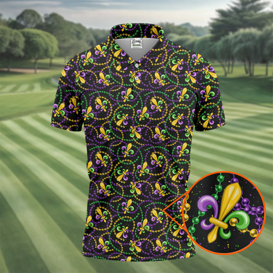 Mardi Gras Beads Purple Green Gold Fleur De Lis Golf Tops For Men, Golf Shirts For Men, Polo Shirts For Men