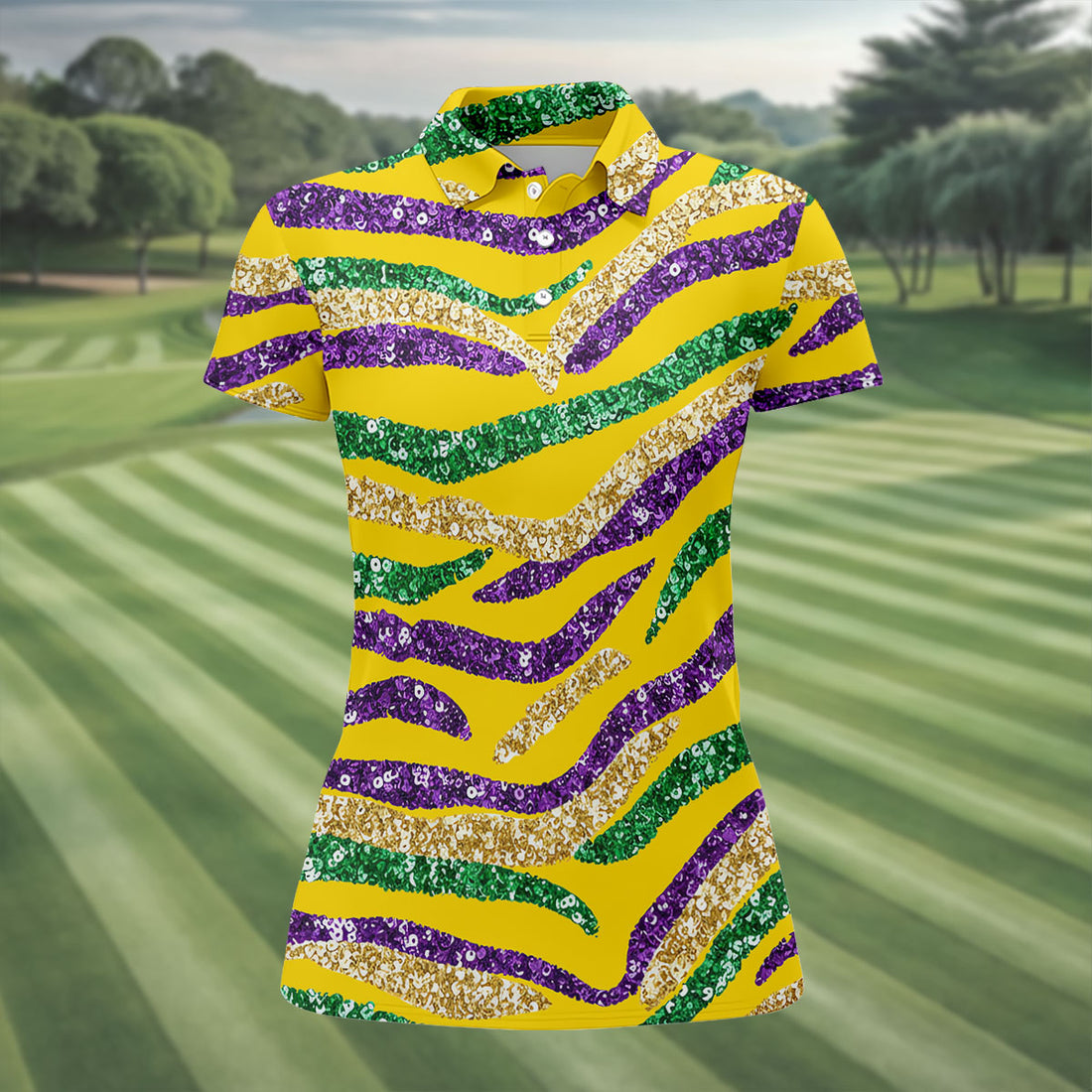 Purple Green Gold Sequin Pattern Yellow Golf Shirt, Mardi Gras Golf Shirt, Women's Golf Tops, Ladies Golf Shirts