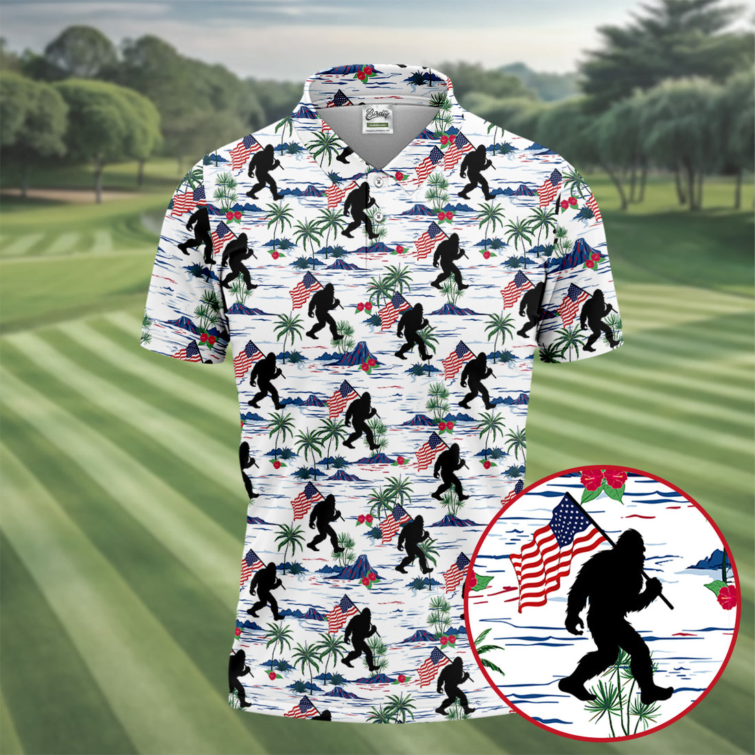 Bigfoot Hawaiian Golf Shirt, Patriotic Tropical Island Pattern, Golf Shirt For Men
