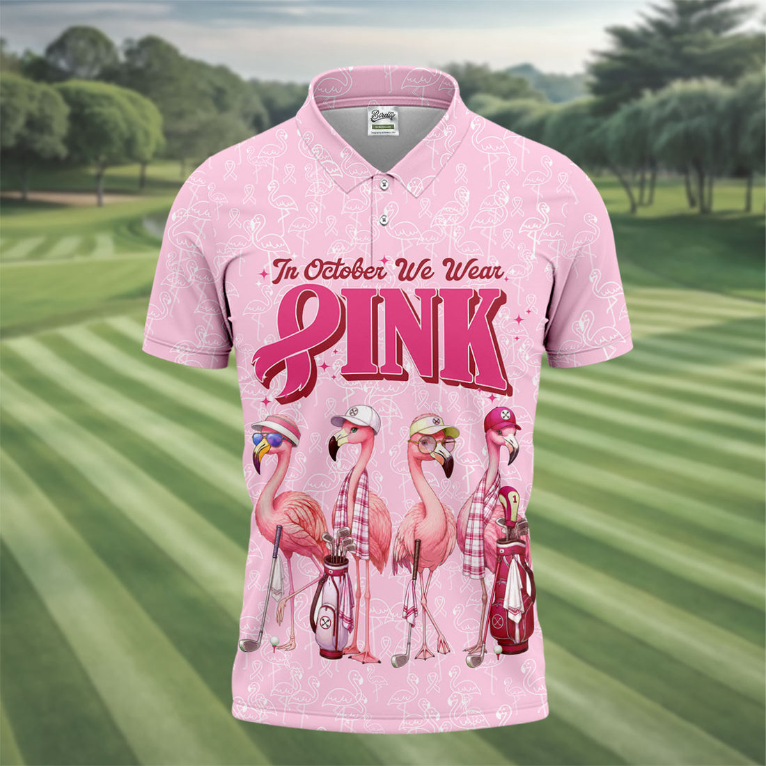 In October We Wear Pink Flamingo Breast Cancer Polo, Golf Shirts For Men, Mens Golf Polo