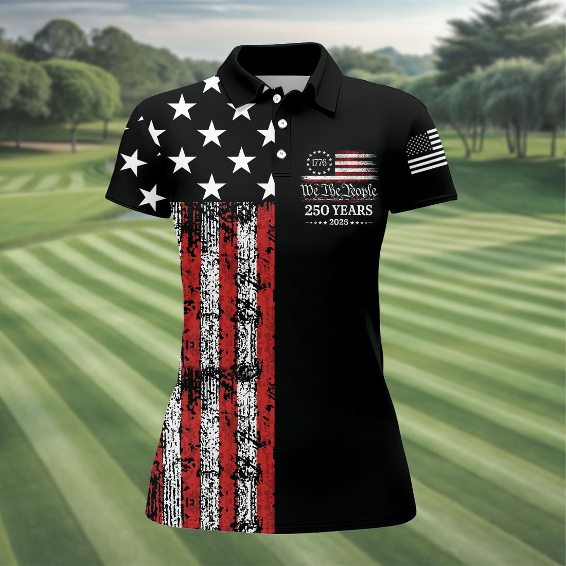 We The People 250 Years Distressed Black Golf Shirt, Ladies Golf Tops, 4th Of July Patriotic Golf Shirt For Women