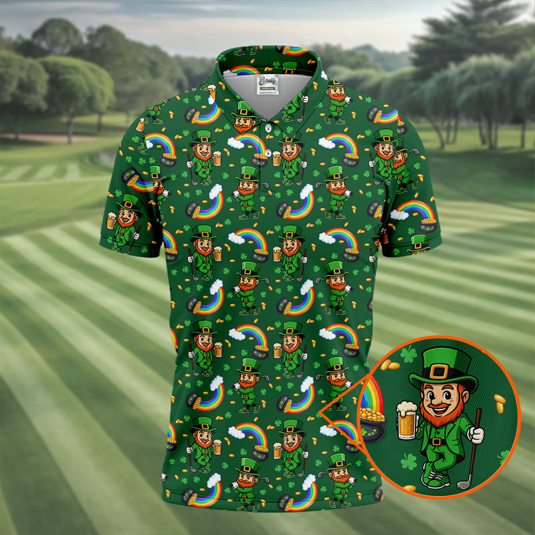 St Patrick's Day Leprechaun Golf Pose Rainbow Gold Pot Shamrock Golf Shirt, Golf Tops For Men, Golf Shirts For Men