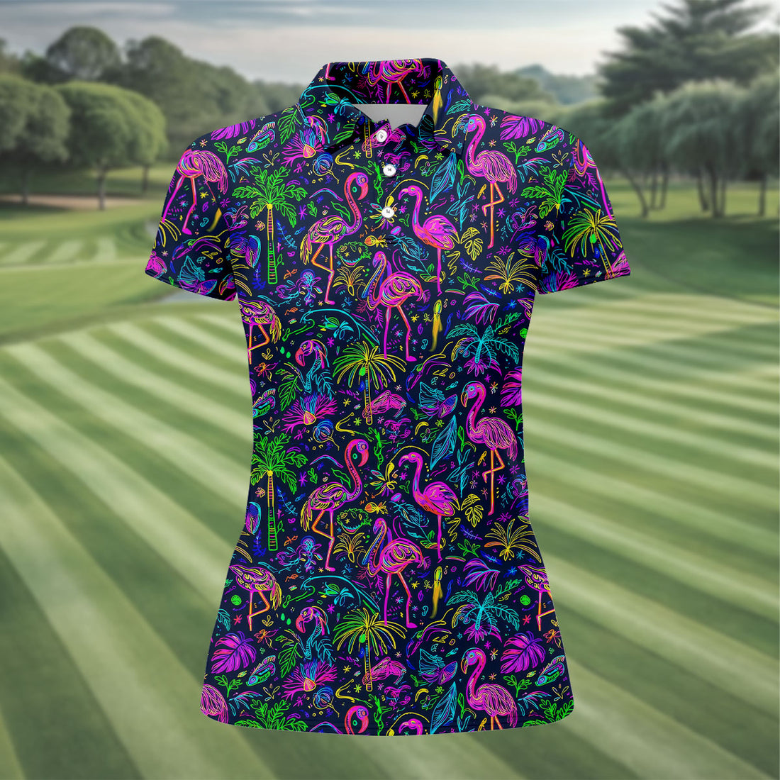 Neon Flamingo Tropical Golf Shirt, Ladies Golf Shirt, Hawaiian Golf Shirt, Womens Golf Tops