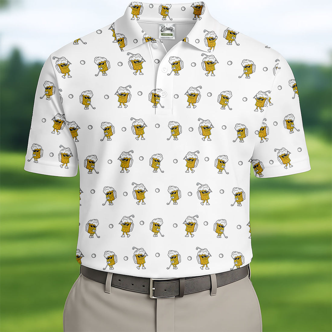 Cartoon Beer Mug Golfer Pattern Golf Polo Shirt, Polo Shirts For Men, Printed Golf Shirts