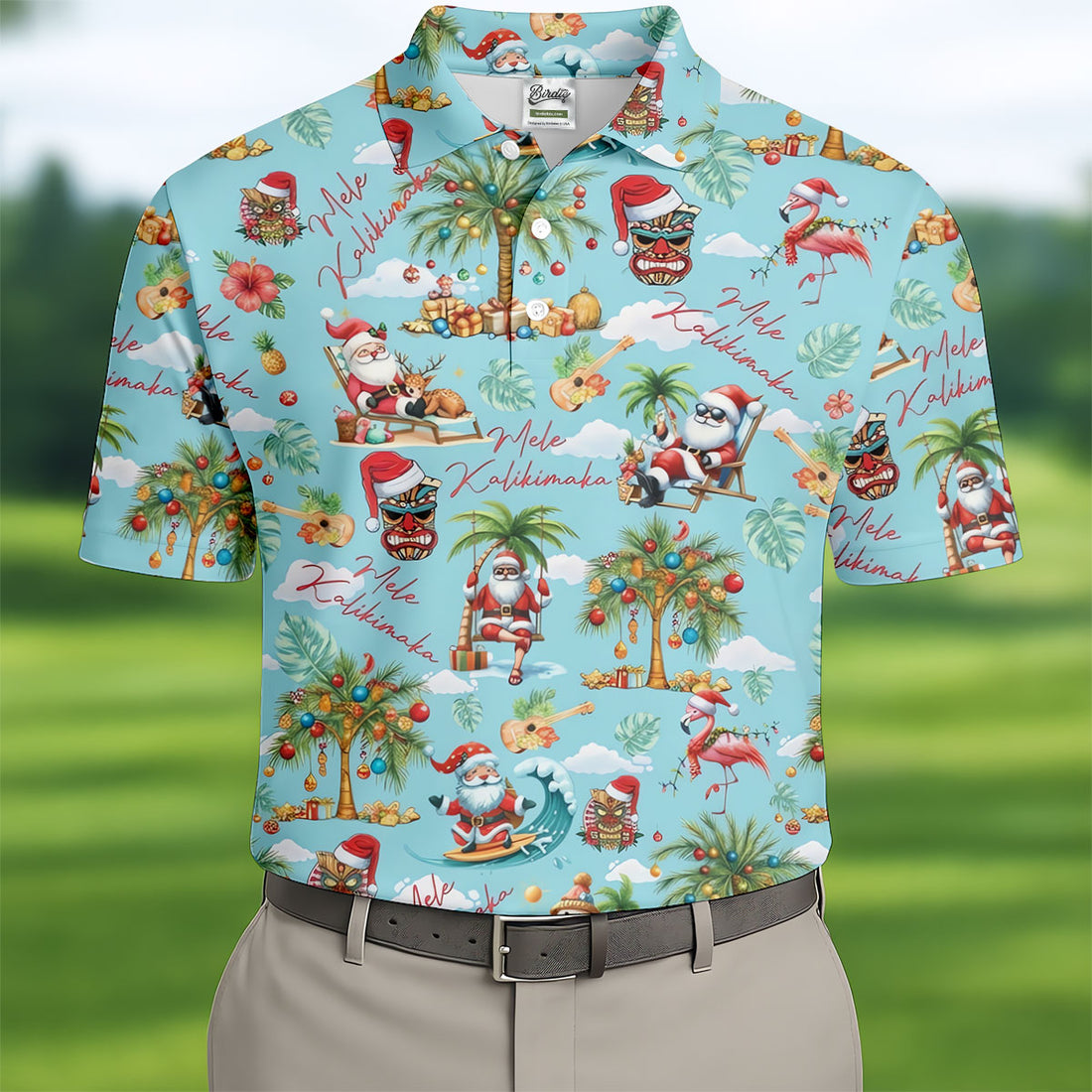 Men's Mele Kalikimaka Surfing Santa Golf Shirt, Christmas Golf Shirt, Golf Apparel For Men