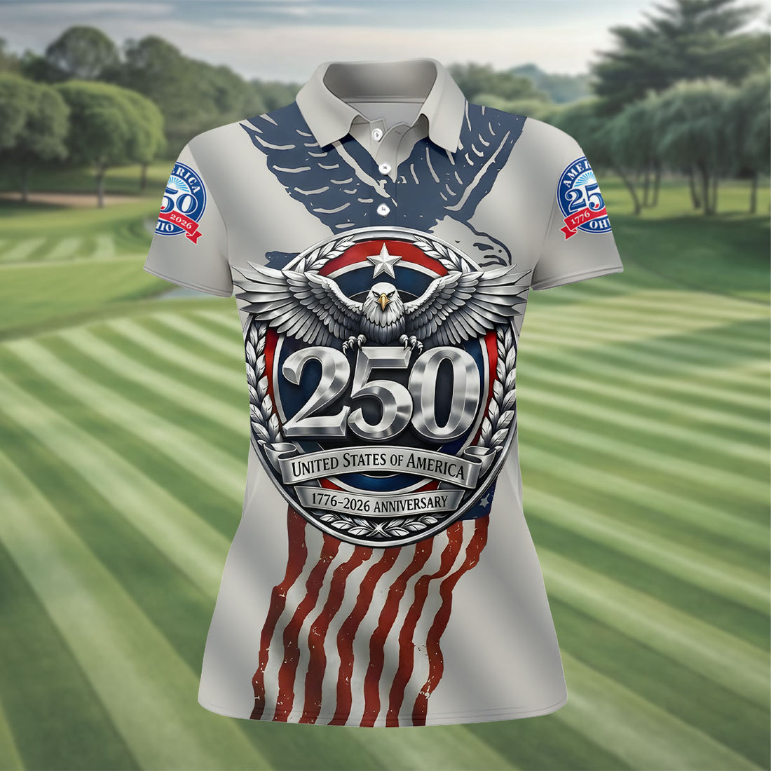 250 US 1776-2026 Anniversary Silver Print Ladies Golf Tops, Patriotic 4th Of July Golf Shirt For Women