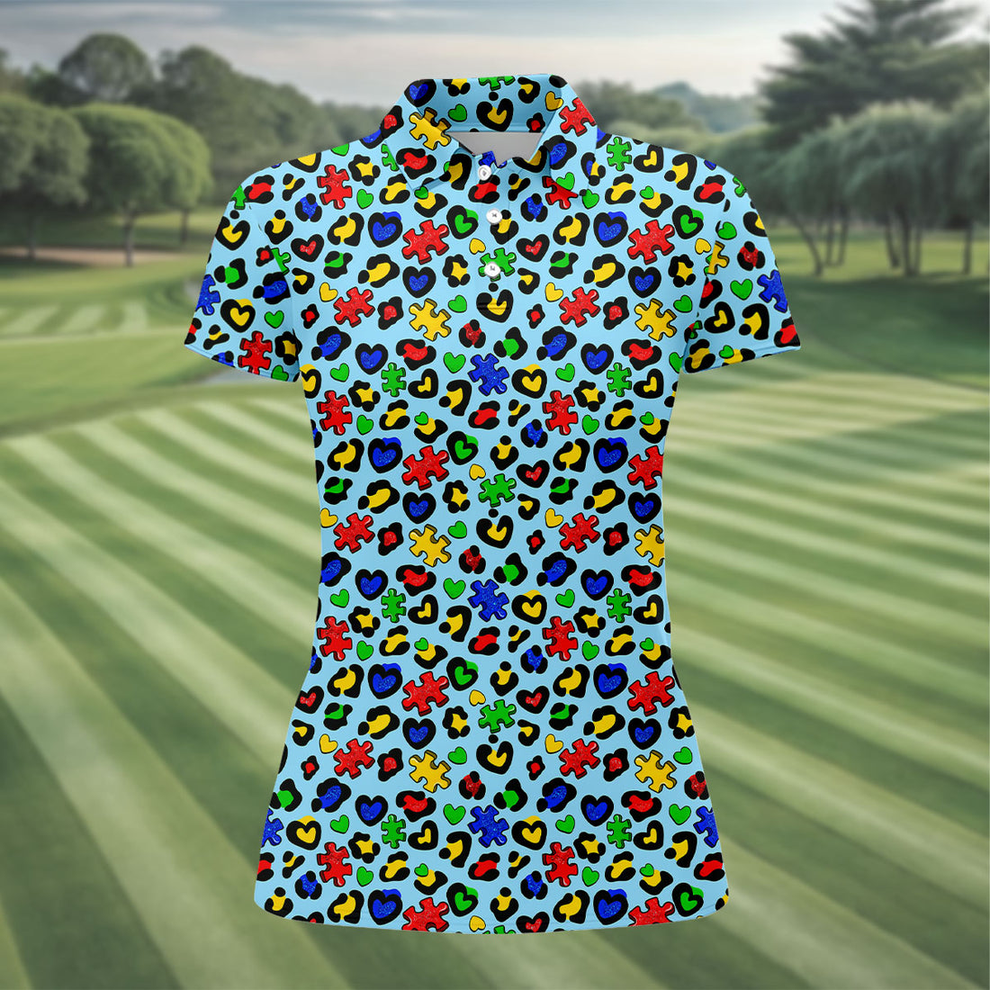Autism Awareness Color Leopard Pattern Blue Golf Shirt, Women's Golf Tops, Ladies Golf Shirts, Ladies Golf Polos