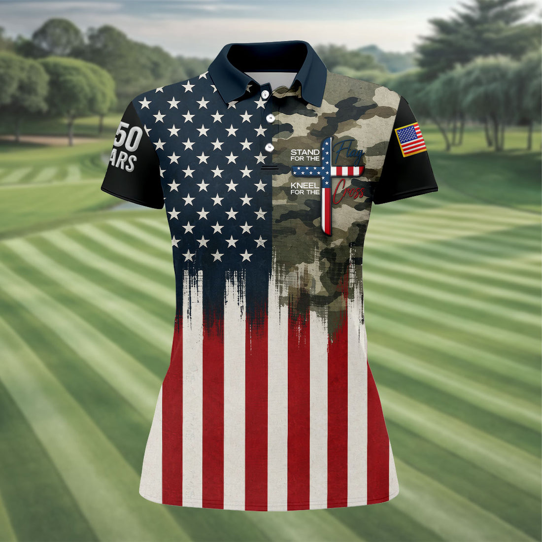 Stand For The Flag Kneel For The Cross Women's 250 Years USA Patriotic Golf Shirt, 4th of July Golf Shirt