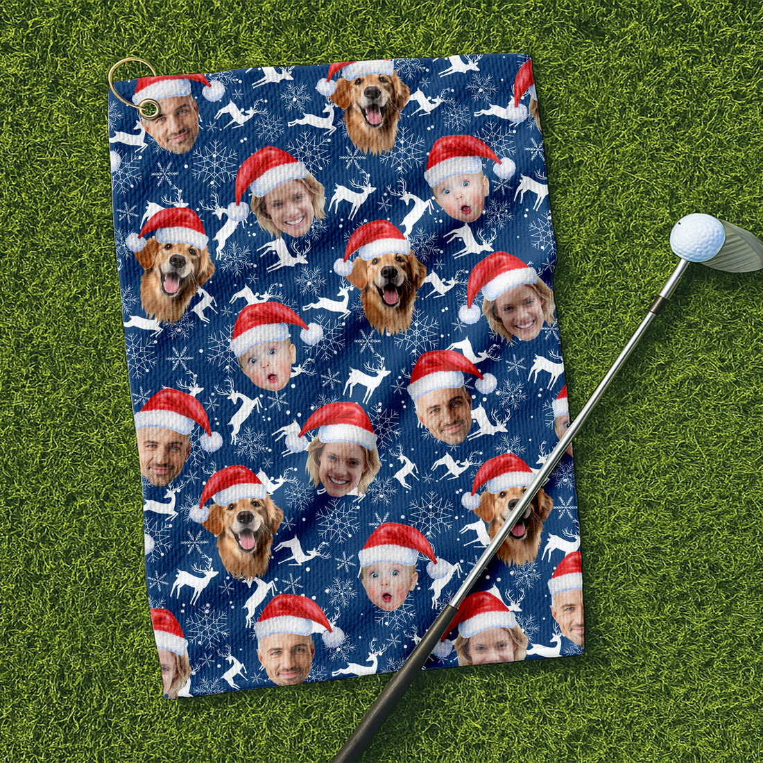 Custom Face Reindeer Pattern Navy Golf Towel, Christmas Golf Gift, Golf Gift Idea