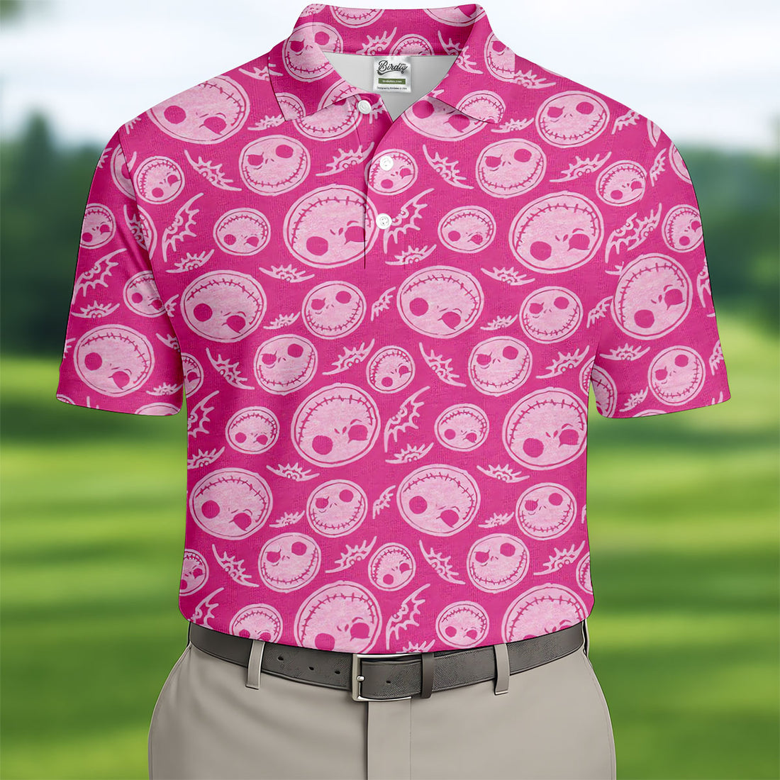 Pink Stitched Skull Halloween Golf Polo Shirt, Golf Shirts For Men, Mens Golf Apparel