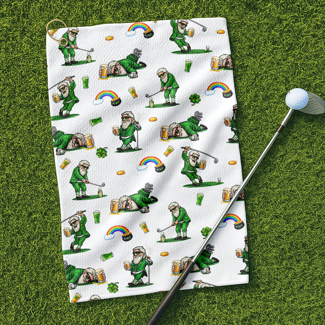 St. Patrick's Day Leprechaun Golf Towel White With Beer And Lucky Shamrock, Golf Towel, Funny Golf Gift