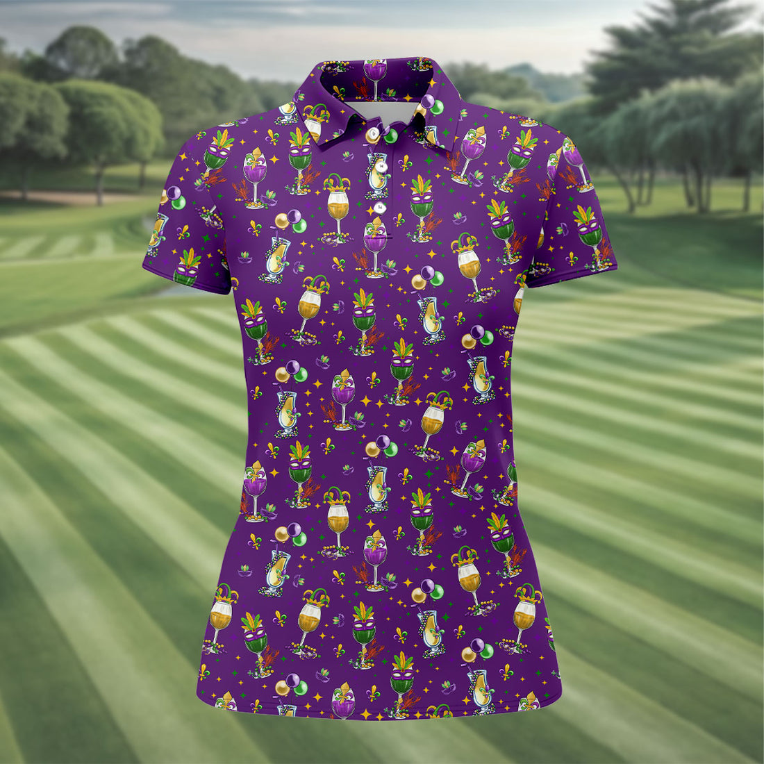Mardi Gras Wine Glass Beaded Garland Fleur De Lis Purple Golf Shirt, Women's Golf Tops, Ladies Golf Polos