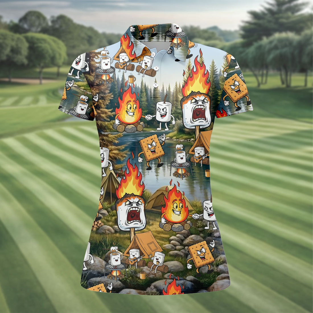 Cartoon Marshmallow, Graham Cracker and Campfire Characters Lake Camping Hawaiian Golf Polo, Golf Tops For Women, Golfing Apparel