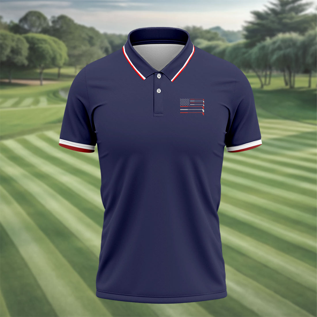 Golf Clubs US Flag Logo 250 Years Navy Golf Shirt, Patriotic 4th Of July Golf Shirts For Men