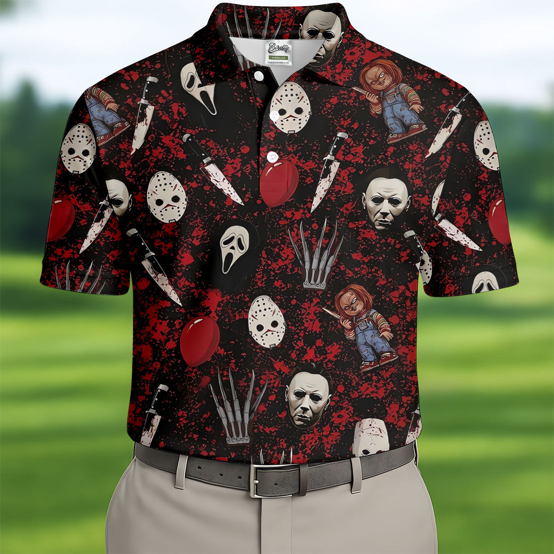 Halloween Horror Character Mask Pattern Hawaiian Golf Shirt, Men's Golf Shirt, Mens Golf Polo