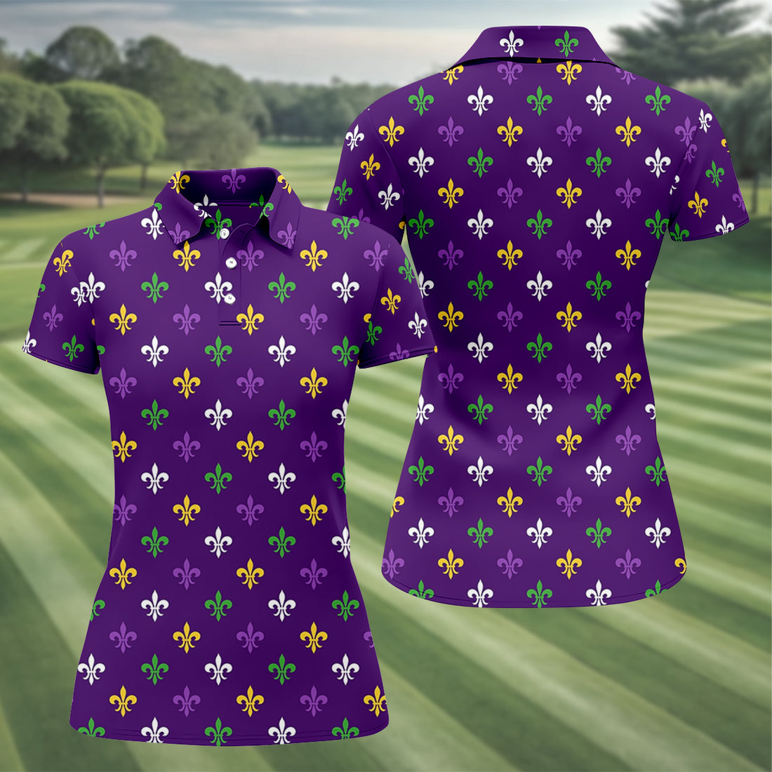 Purple Green Gold Fleur De Lis Pattern Purple Golf Shirt, Mardi Gras Golf Shirt, Golf Shirt For Women