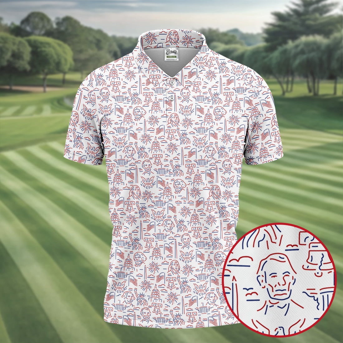 Red White Blue Outlined Patriotic American 250th Anniversary White Golf Shirt, 4th Of July Golf Shirts For Men