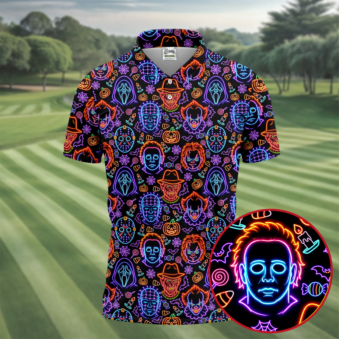 Neon Horror Character Movie Villain Pattern Golf Polo Shirt, Men's Golf Polo, Hawaiian Golf Shirt