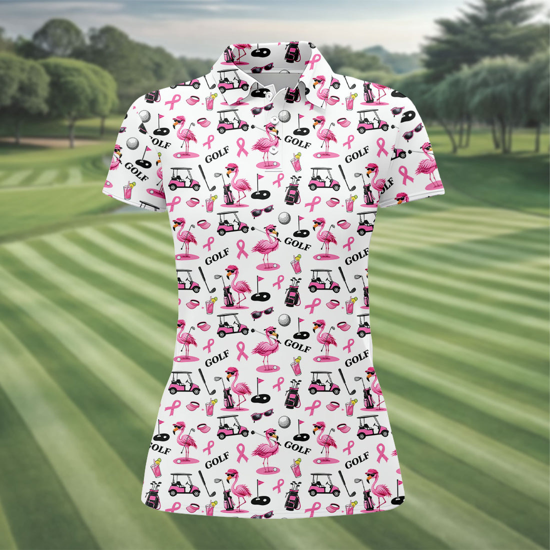 Pink Flamingo Golf Breast Cancer Polo Shirt, Golf Tops For Women, Ladies Golf Shirts