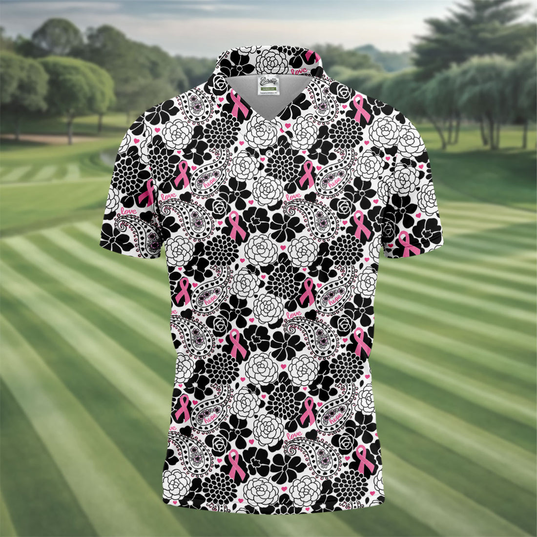 Pink Ribbon Floral Paisley Breast Cancer Golf Shirt, Mens Golf Polo, Printed Golf Shirts