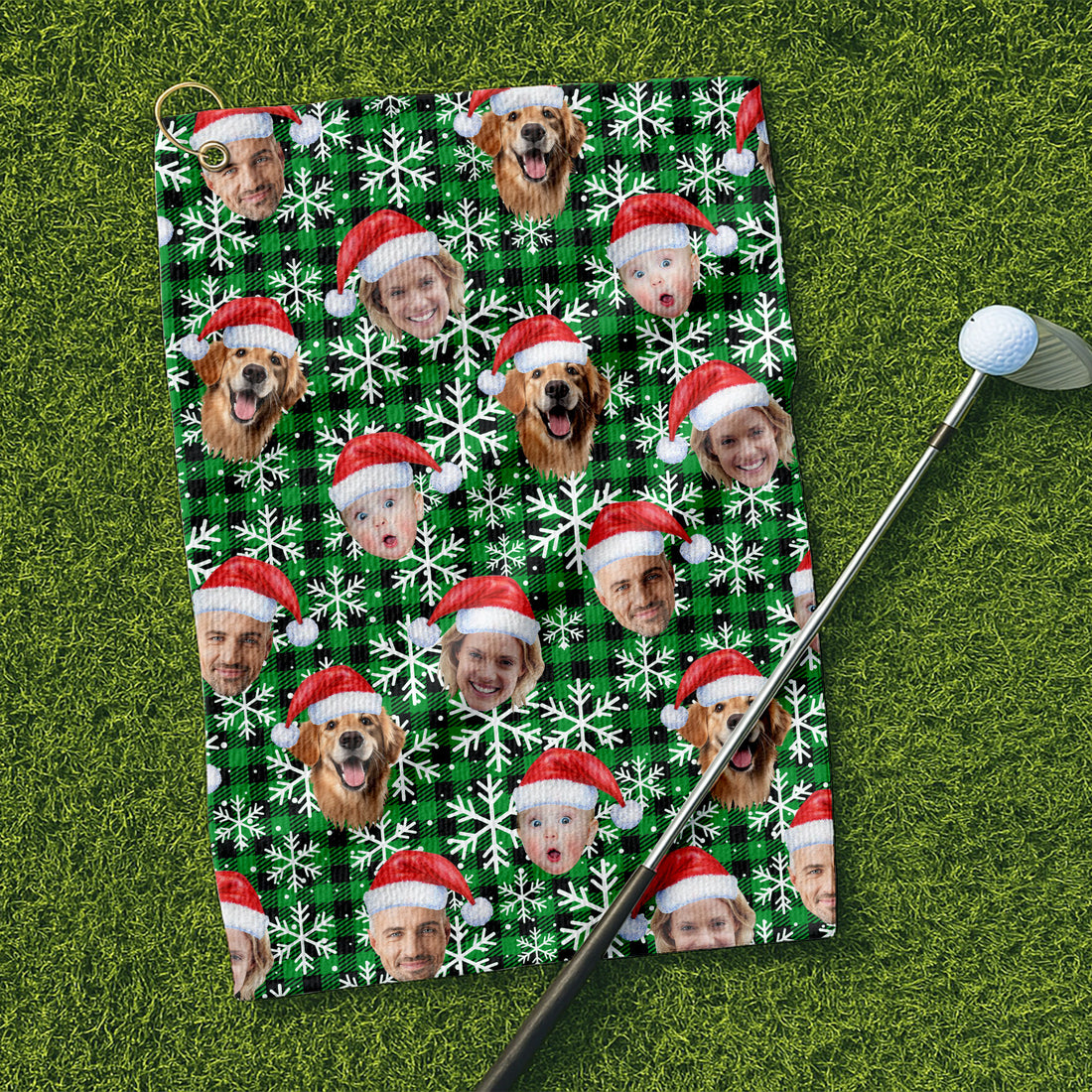 Custom Face Green And Black Checkered Cute Golf Towels, Christmas Golf Gift, Custom Golf Accessories